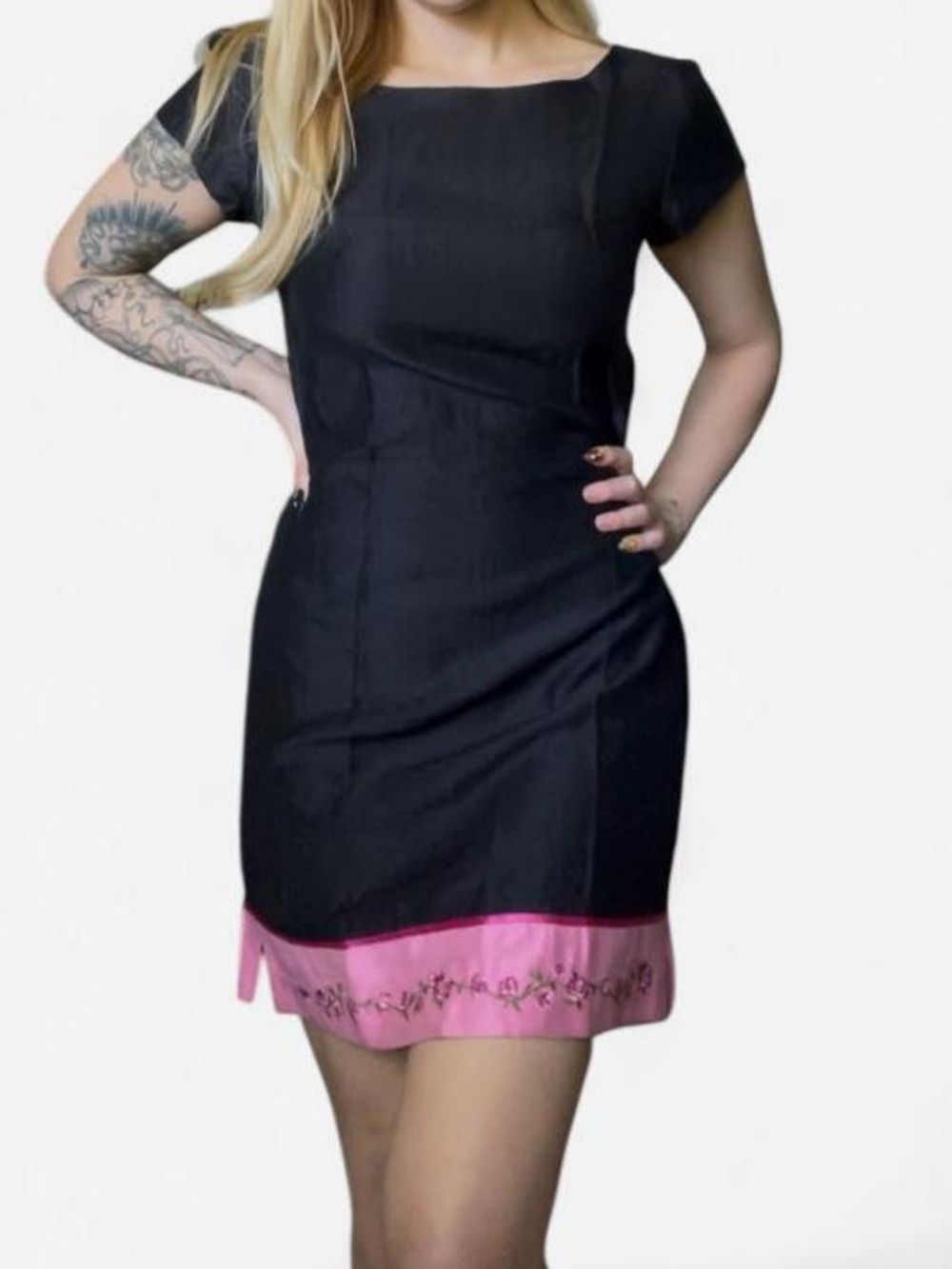 Vintage Lois Snyder Dani Max Black Pink Trim Cap Sleeve Sheath Mini Dress 6P